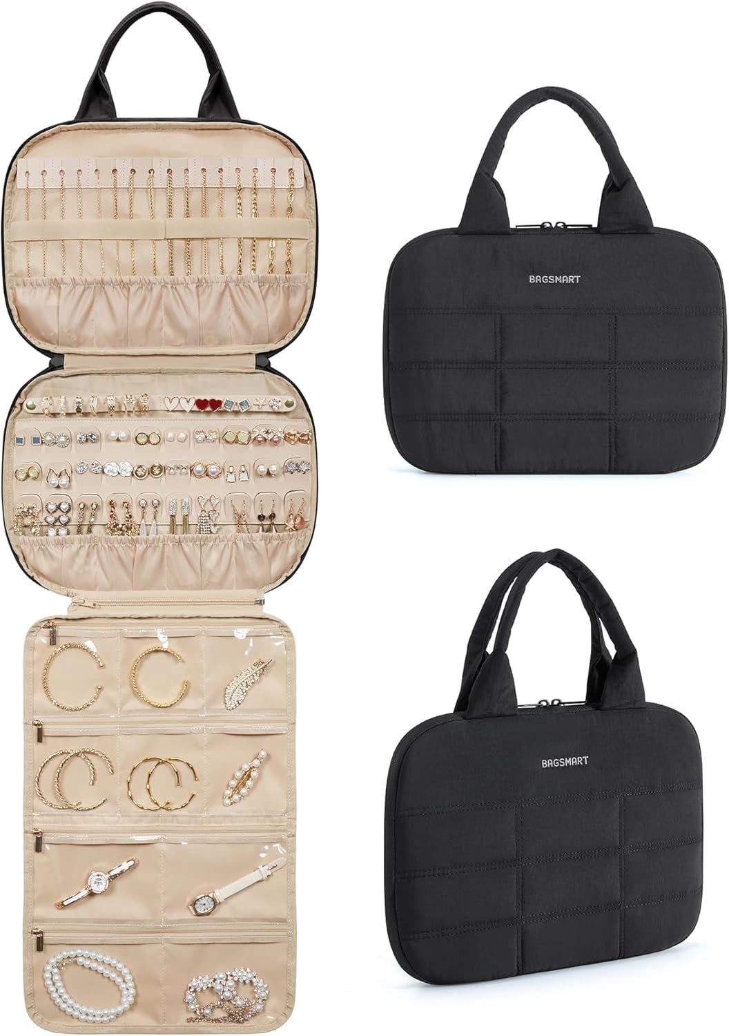 CUKIXA Travel Jewelry Case, Hanging Jewelry Organizer with Zipper Pockets, Large Capacity Puffy Jewelry Roll for Earrings, Necklaces, Rings on Closet, Wall, Door, Portable Travel Essentials, Black