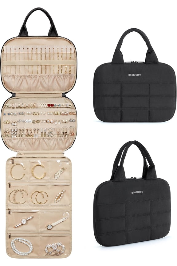 Travel Jewelry Case, Hanging Jewelry Organizer with Zipper Pockets, Large Capacity Puffy Jewelry Roll for Earrings, Necklaces, Rings on Closet, Wall, Door, Portable Travel Essentials, Black