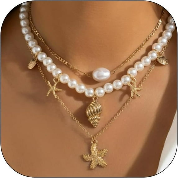 CUKIXA choice of all Gold Sea Shell Charm Necklace Jewelry for Women Summer Boho Seashell Beach Starfish Necklace Fashion Accessories Summer Beach Vacation Clothes Dresses 2025