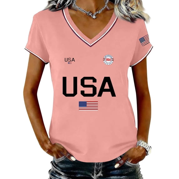 CUKOLSXA 250th Anniversary Usa Shirt, 4th of July Shirt, Running Tops for Women, Women's Casual Fashion V-Neck Sports Independence Day Print Short Sleeve Sports T-Shirt Top, Pink, XL