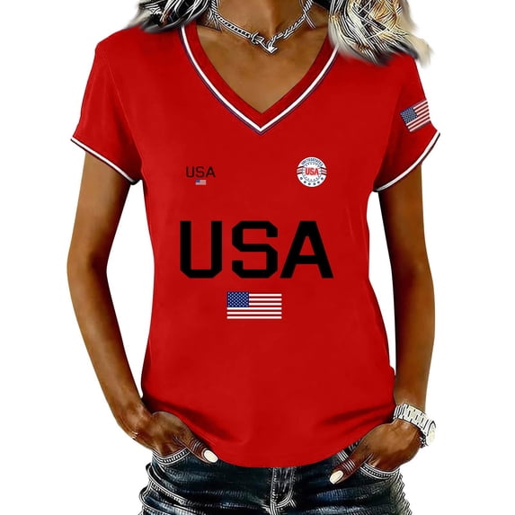 CUKOLSXA American Flag Shirt Women, Workout Tops for Women Loose Fit, Womens V Neck T Shirts, Women's Casual Fashion V-Neck Sports Independence Day Print Short Sleeve Sports T-Shirt Top, Red, S