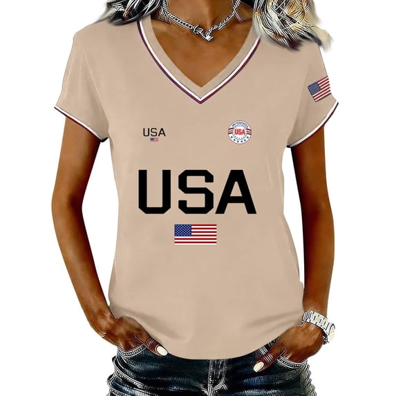 CUKOLSXA Loose Workout Tops for Women, America 250th Merchandise, 250th Anniversary Usa Shirt, Women's Casual Fashion V-Neck Sports Independence Day Print Short Sleeve Sports T-Shirt Top, Khaki, S