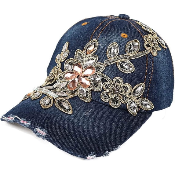CUKOLSXA Women Embroidered Baseball Cap Floral Baseball Caps for Women Vintage Rhinestone Flower Cap Adjustable Denim Snapback Cap Leisure Distressed Sun Hat