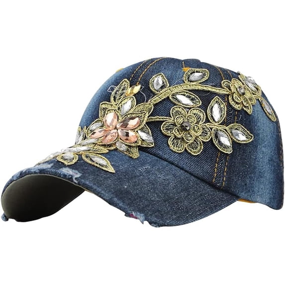 CUKOLSXA Women Embroidered Baseball Cap Floral Baseball Caps for Women Vintage Rhinestone Flower Cap Adjustable Denim Snapback Cap Leisure Distressed Sun Hat