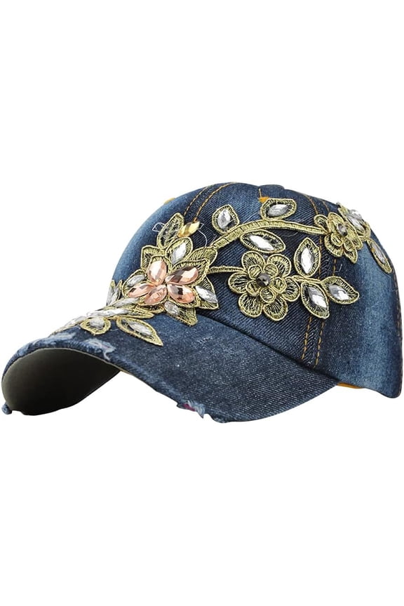 Women Embroidered Baseball Cap Floral Baseball Caps for Women Vintage Rhinestone Flower Cap Adjustable Denim Snapback Cap Leisure Distressed Sun Hat