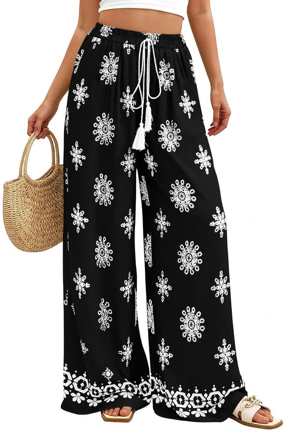 Women's Wide Leg Palazzo Pants Womens Linen Pants Summer Boho Floral Trousers Spring Flowy Beach Vacation Clothes Resort Wear