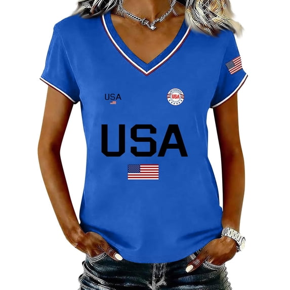 CUKOLSXA Womens V Neck T Shirts, Flag Shirts for Women, 250th Anniversary Usa Shirt, Women's Casual Fashion V-Neck Sports Independence Day Print Short Sleeve Sports T-Shirt Top, Blue, S