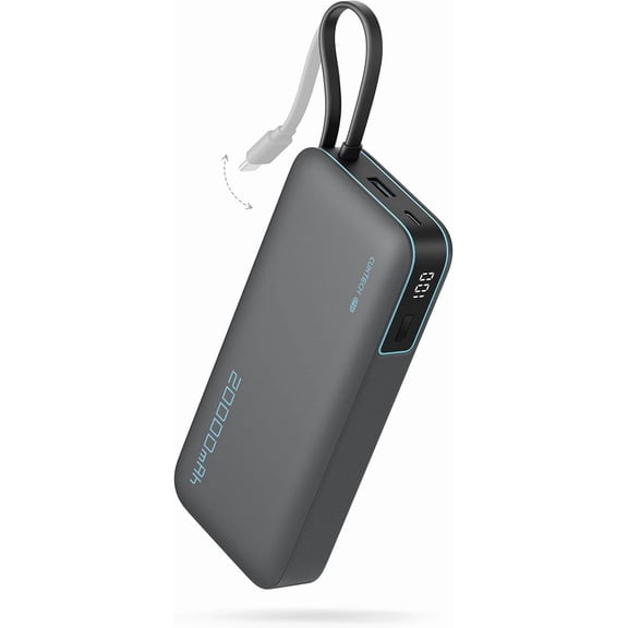 Cuktech 20000mAh Portable Power Pack, 45W, Built-in Usb-C Cable, Gray