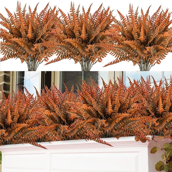 CUKYUK 8 Bundles Artificial Boston Fern Plants Outdoor Bushes Autumn Artificial Shrubs Greenery Plastic Outdoor UV Garden Resistant Plants Ferns, Red Yellow