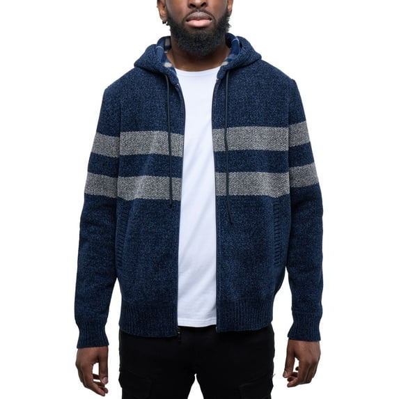CULTURA AZURE Mens Zip Up Plaid Lined Knit Cardigan Hooded Sweater, Full Zip Classic Fit Sweater with Stripes & Lining, Navy/Grey, XL