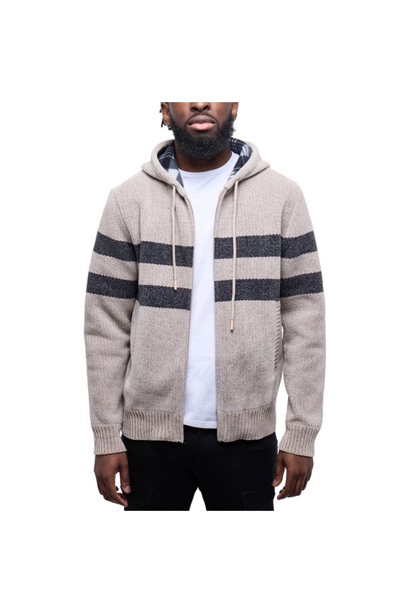 AZURE Mens Zip Up Plaid Lined Knit Cardigan Hooded Sweater, Full Zip Classic Fit Sweater with Stripes & Lining, Sand/Shadow, S