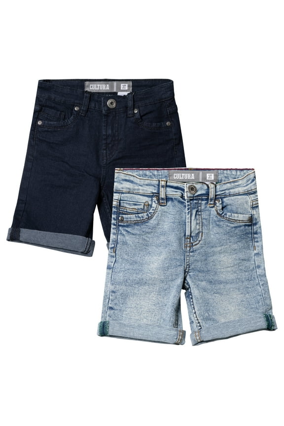 AZURE Toddler Boy's Roll-Up Denim Shorts 2-Pack, Blue Black/Light Blue, 2T