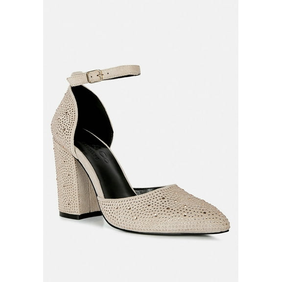 CULVER Rhinestone Embellished Block Heel Sandals in Beige