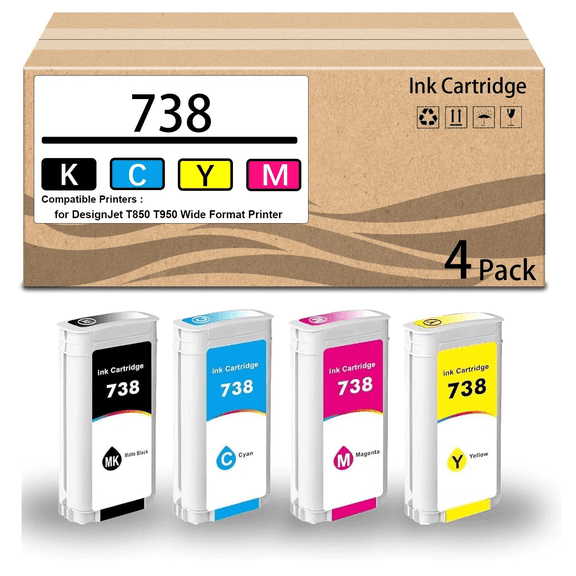 CULater 738 Ink Cartridge 130ml 498N8A 676M6A 676M7A 676M8A Replacement for DesignJet T850 T950 Wide Format Printer plotters 4 Pack