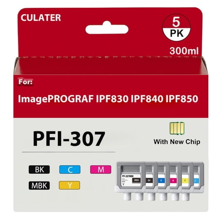 CULater PFI-307 PFI307 Compatible Ink Tank PFI307MBK PFI307BK PFI307C PFI307M PFI307Y Ink Cartridge Replacement for Canon imagePROGRAF iPF830 iPF840 iPF850 Printer (300ML, 5 Pack)