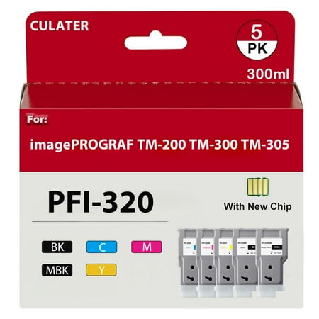 CULater PFI320 Compatible Ink Tank PFI-320 Ink Cartridge Replacement for Canon imagePROGRAF TM-200 TM-300 TM-305 Printer (300ML, 5 Pack)