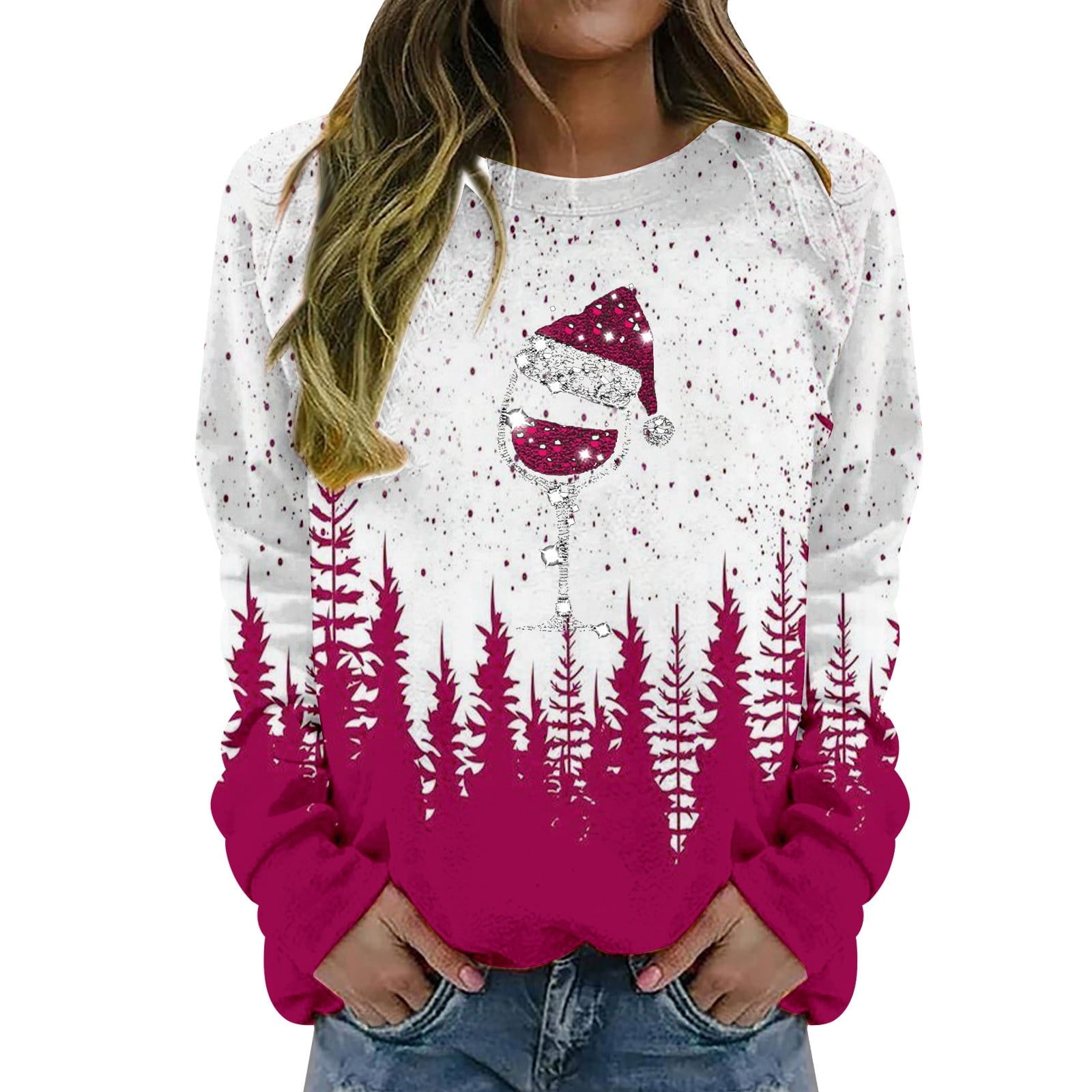 CUNSOUTH Plus Size Sweatshirt Women's Round Neck Long Sleeved Wine