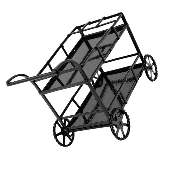 CUNZJIA Black Serving Cart Metal Miniature House Decor, Double Shelf Rolling Stand with Guard Rails Handle for Kitchen Breakfas