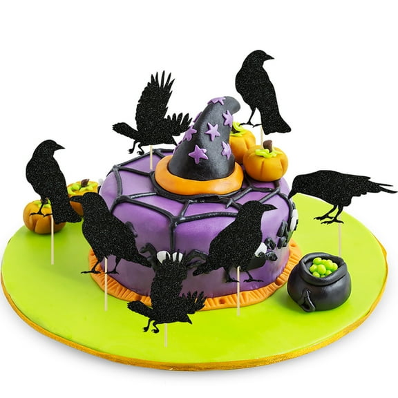 CUNlUDJ9 autumn decorations for home halloween candy bulk small dog halloween halloween pumpkins christmas sheets 12PCS Halloween Crow Cake Insert Holiday Party Birthday Decoration Card Insert
