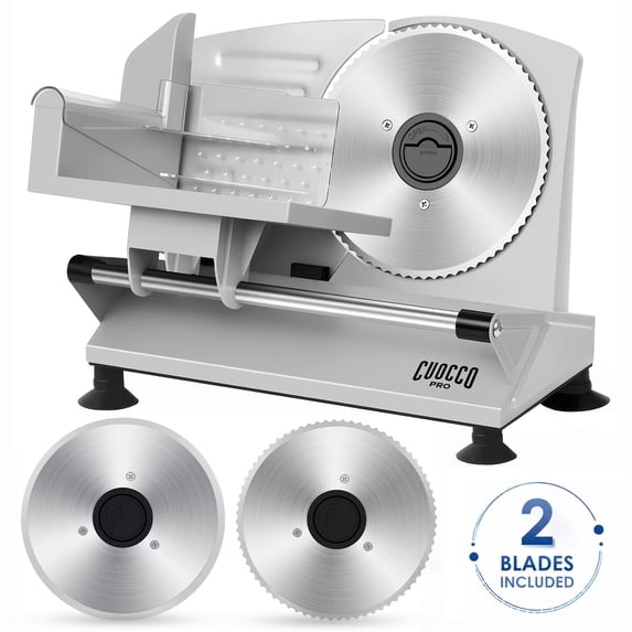 CUOCCO PRO 150W Electric Meat Slicer with 2 Blades, Adjustable Thickness 0-15mm, Removable Blade for Easy Cleaning, Child Safety Lock & Non-Slip Suction Feet, Ideal for Deli Meat, Cheese, and Bread
