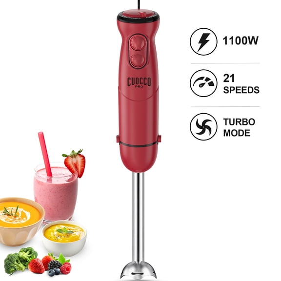 CUOCCO PRO Immersion Blender Handheld, 1100W Hand Blender with 21 Speeds & Turbo, Hand Mixer for Smoothies, Soups & Baby Food, Dishwasher Safe, Red