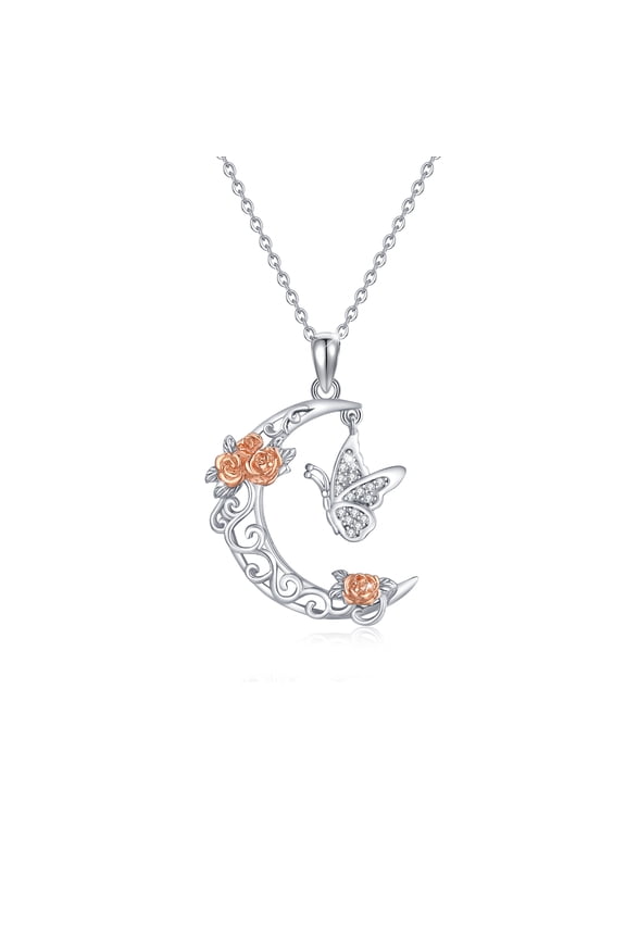 Butterfly Necklace Butterfly Rose Moon Necklace 925 Sterling Silver Hypoallergenic Cubic Zirconia Pendant Jewelry Birthday Gift for Women Girlfriend Daughter Wife Mom