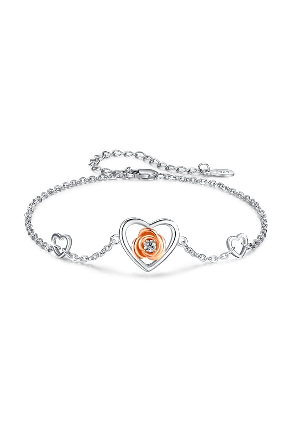 Heart Bracelet Sterling Silver Bracelets for Women Rose Flower Bracelet Adjustable Chain Fashion Jewelry Birthday Mothers Day Gifts for Daughter Mom Girlfriend Sister Friends Wife