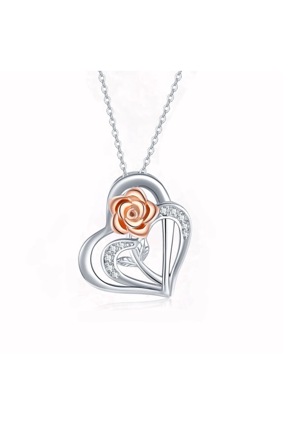 Rose Pendant Necklace Heart Necklace 925 Sterling Silver Necklace for Women 18K White Gold Plated Jewelry Birthday Mother's Day Gifts for Mom Wife Girlfriend Daughter Friend