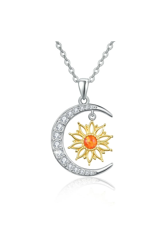 Sunflower Necklace 925 Sterling Silver Opal Sunflower Moon Pendant Necklace Jewelry Birthday Mother's Day Gift for Girlfriend Wife Mom Sister Friend