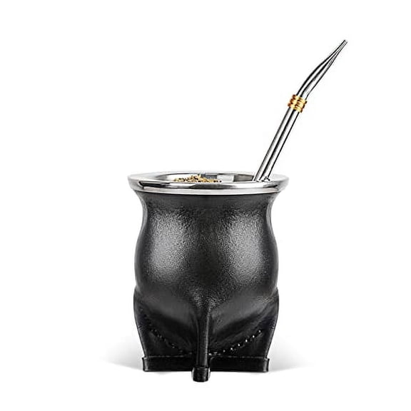 CUOPRU Handmade Leather Argentina Gourd - Ceramic Liner Yerba Mate Cup Set Includes Bombilla Straw, Cleaning Brush(Black)