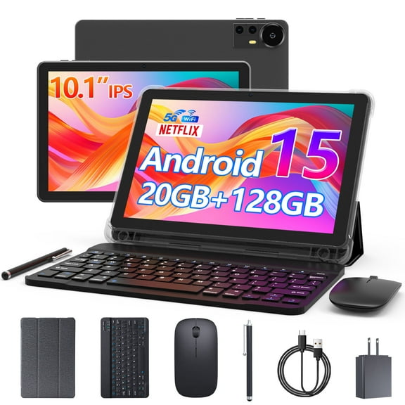 CUPEISI Android 15 Tablet 10 Inch, 20GB RAM+128GB ROM/2TB Expandable, 2.0GHz Quad-core Processor, 1280*800 IPS HD Screen, 5G WiFi 6 BT 5.0, 2 in 1 Tablets with Keyboard Case Mouse Stylus, Widevine L1