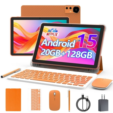 CUPEISI Android 15 Tablet 10 Inch, 20GB RAM+128GB ROM/2TB Expandable, 2.0GHz Quad-core Processor, 1280*800 IPS HD Screen, 5G WiFi 6 BT 5.0, 2 in 1 Tablets with Keyboard Case Mouse Stylus, Widevine L1