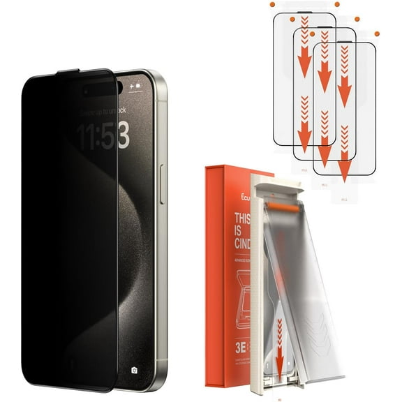 CUPERT Privacy Screen Protector,[Gaming Film][Zero Bubble] Anti-Fingerprint & Anti-Spy Tempered Glass with Installation Tools - 3Pack (Privacy iPhone15promax)