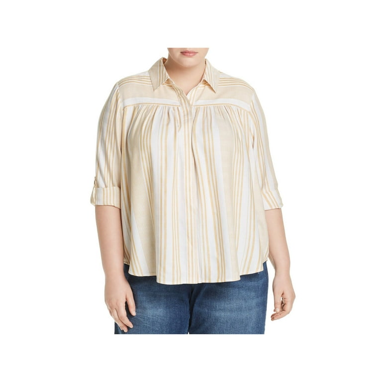 CUPIO BLUSH Womens Ivory Pleated Curved Hem Striped Roll tab