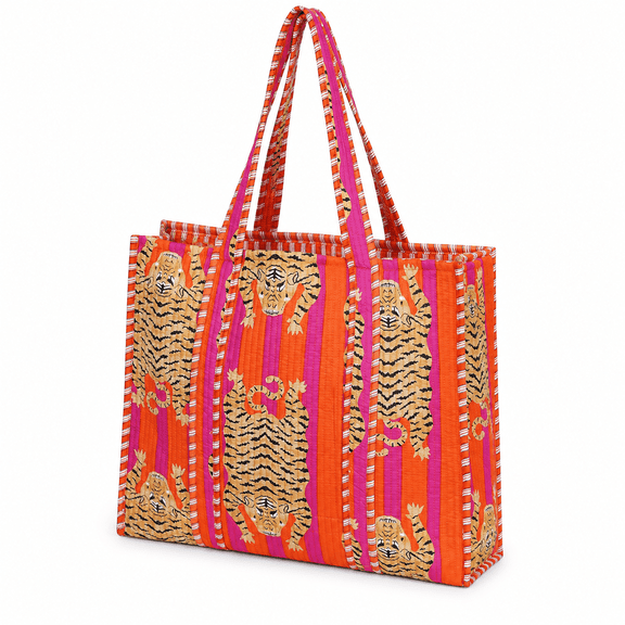 CUPMER Tiger Print Quilted Tote Bag for Women, Boho Cotton Shoulder Bag for Shopping, Travel, Beach, Grocery and Daily Use