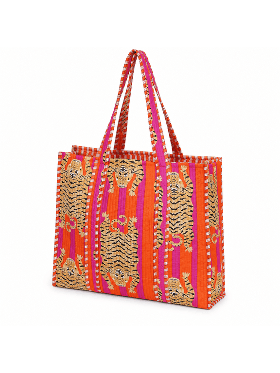 Tiger Print Quilted Tote Bag for Women, Boho Cotton Shoulder Bag for Shopping, Travel, Beach, Grocery and Daily Use