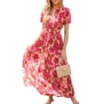 thumbnail image 1 of CUPSHE Red Floral Print Smocked Maxi Dress, 1 of 6