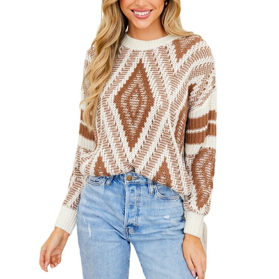 CUPSHE Women Round Neck Sweater Knit Geometric Patterned Casual Tops Long Sleeves Sweaters