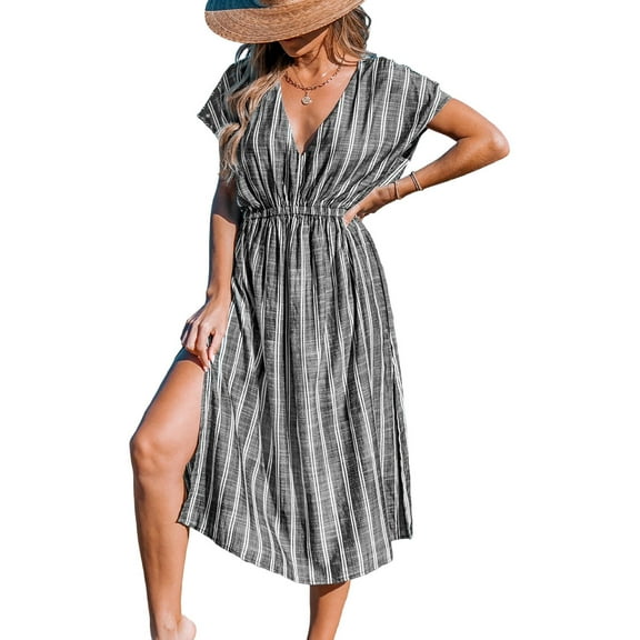 CUPSHE Women's Cover Up V Neck Midi Dress Short Sleeves Summer Beachwear Casual Coverups Striped