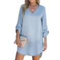 thumbnail image 1 of CUPSHE Women's Demin Dress V Neck Dolphin Hem Roll-Tab Cuffs Long Sleeve A Line Loose Fit Mini Dresses, 1 of 7