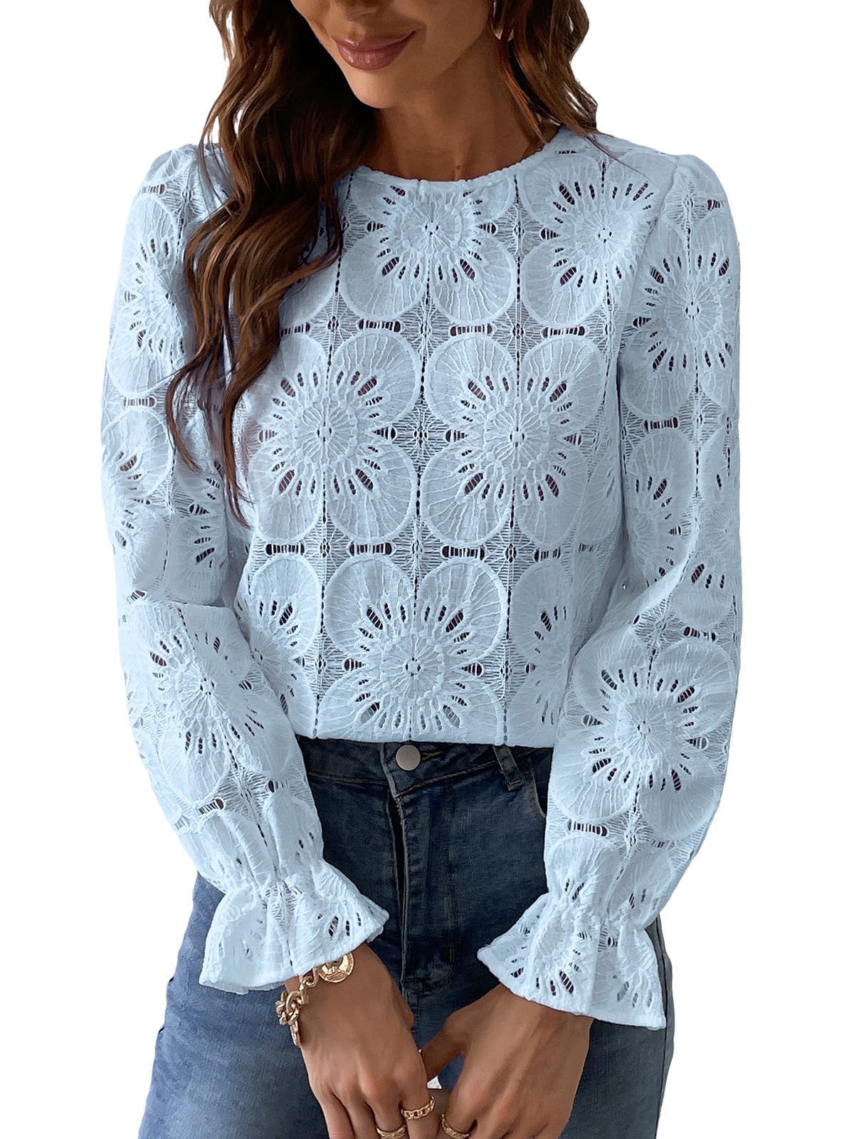 Ruffled Embroidered Hollow-Out Long-Sleeved Shirt