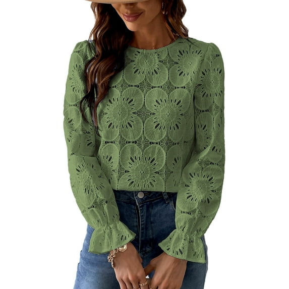 Cupshe Women's Eyelet Long Sleeve Tops Shirts Hollow Out Crochet Lace Embroidered Blouses, Sizes XS-XL