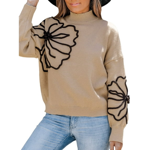 CUPSHE Women's Floral Embroidery Turtleneck Long Sleeve Sweater, Sizes S-XL