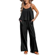 CUPSHE Women's Knit Scoop Neckline Sleeveless Wide Leg Flowy silhouette Midnight Serenade Jumpsuit