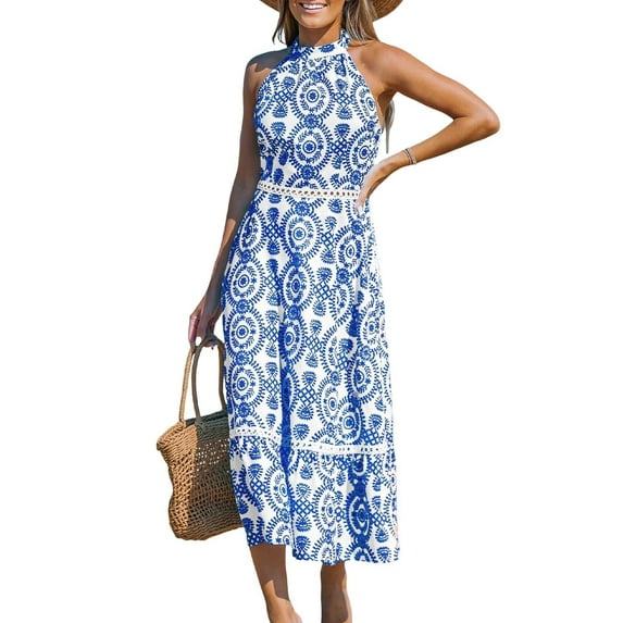 CUPSHE Women's Midi Dress Blue & White Ornate Halterneck Sleeveless Summer Dress