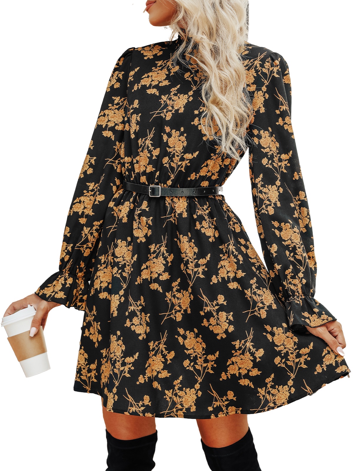 CUPSHE Women's Mock Neck Floral Mini Fall Dress Long Ruffle Sleeve