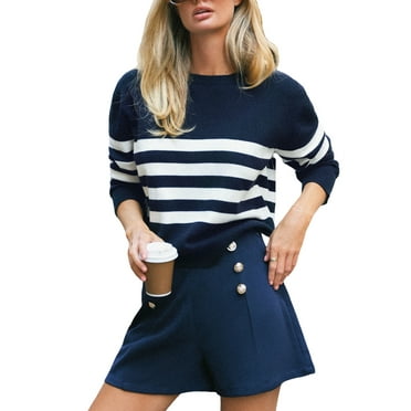 CUPSHE Women's Navy & White Stripe Long Sleeve Stockinette Pullover Sweater