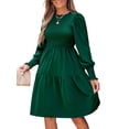 thumbnail image 1 of CUPSHE Women's Round Neck Emerald Green Smocked Long Sleeve Mini Dress Ruffled Hem Casual A Line Short Dress, 1 of 9