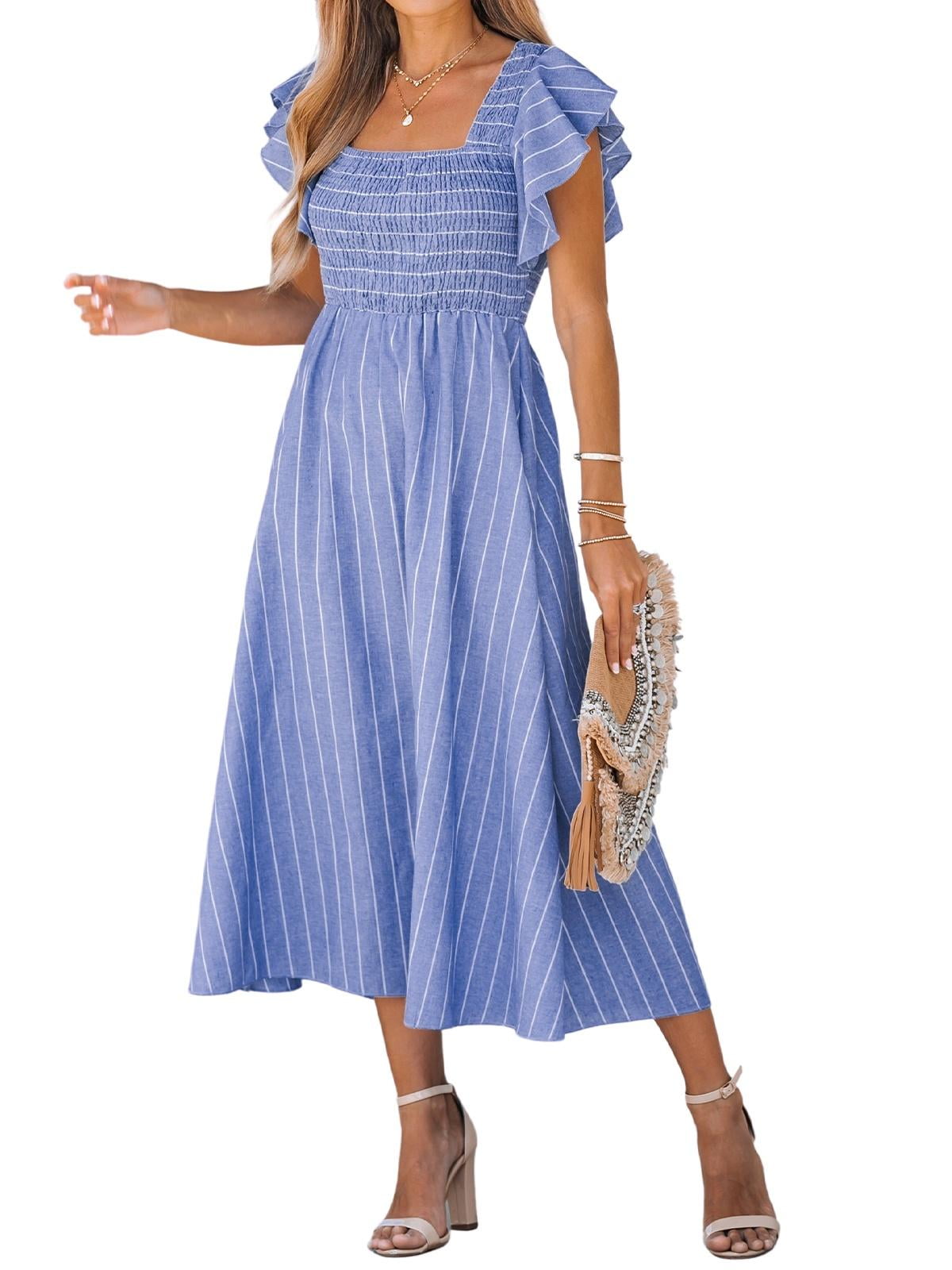 CUPSHE Women's Square Neck Striped Smocked Dress Ruffled Cap Sleeves