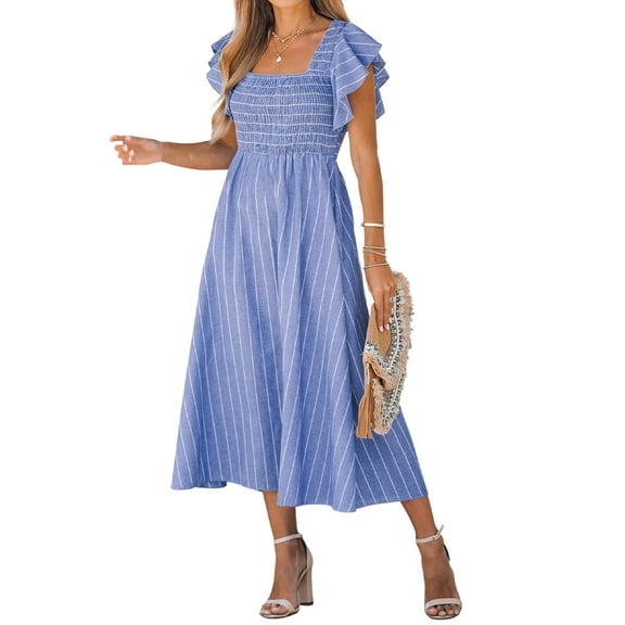 CUPSHE Women's Square Neck Striped Smocked Dress Ruffled Cap Sleeves Dress A Line Maxi Formal Dress, Sizes XS-XL